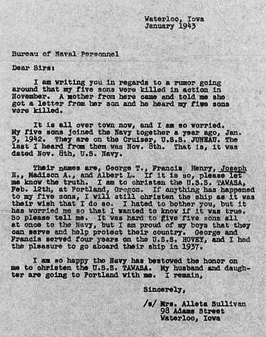 Alleta Sullivan's letter to the Navy